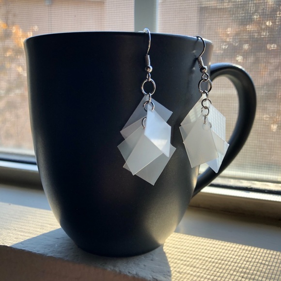 Handmade White Rectangular Dangle Earrings - Picture 3 of 3